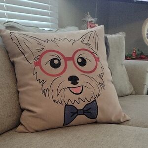 Charming Dog Print Pillow with Red Glasses and Blue Bow Tie